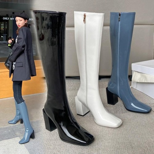 Square-toe High-Heel Boots, European-Style Autumn/Winter Patent Leather Riding Boots with Heels—Above-Knee but Below-Knee Length, Trendy Women's Shoes