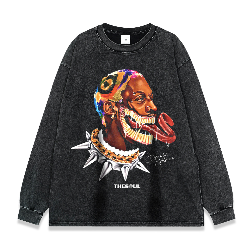 260g pesado copo de nieve frito de manga larga Camiseta americana retro alta calle moda marca suéter suelta Otoño e Invierno de los hombres y las mujeres de fondo