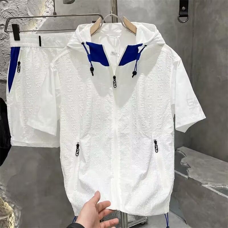 男士休闲套装2025夏季新款时尚轻奢宽松透气短袖短裤撞色两件套潮