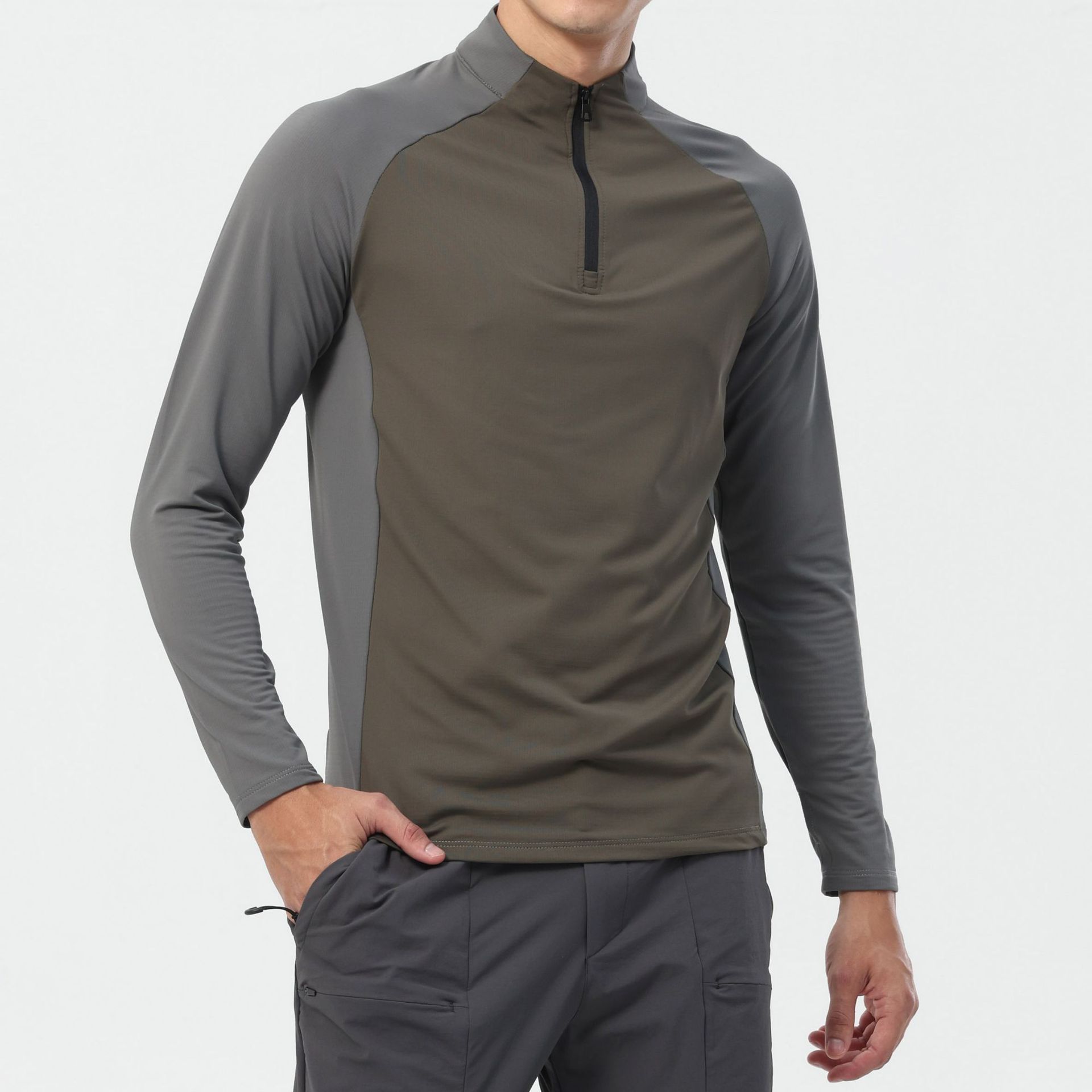 Desnudo elástico medio cremallera de cuello vertical y camiseta de vello para hombres otoño y invierno ropa de yoga deportiva de acondicionamiento físico ropa de secado rápido camiseta de manga larga