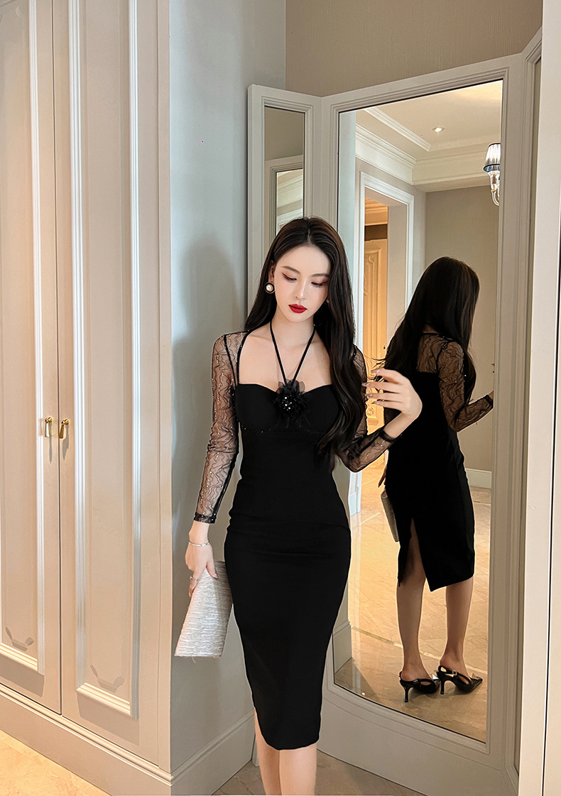 Đầm dài dáng ôm cổ halter phối lưới phong cách quý tộc — Màu đen chi tiết 6