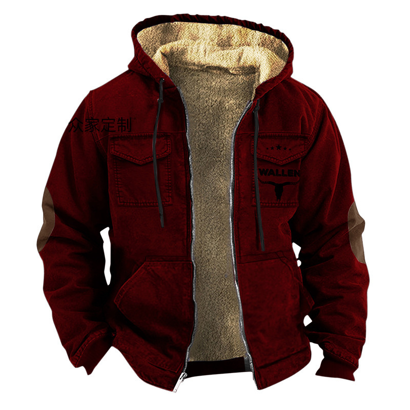 2024 European and American Cross-Border Western Denim 3D Printing Digital Printing Hooded Sweatshirt Brown Lining Flap Pocket Pants Cotton Jacket 2024 European and American Cross-Border Western Denim 3D Printing Digital Printing Hooded Sweatshirt Brown Lining Flap Pocket Pants Cotton Jacket