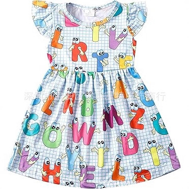 Girls Back to School Print Dress Pencil Butterfly Sleeve Clothes School Wear