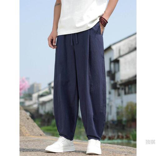 China style summer, new Chinese style youth men's wide-leg pants, cotton linen, loose large-size training lantern pants