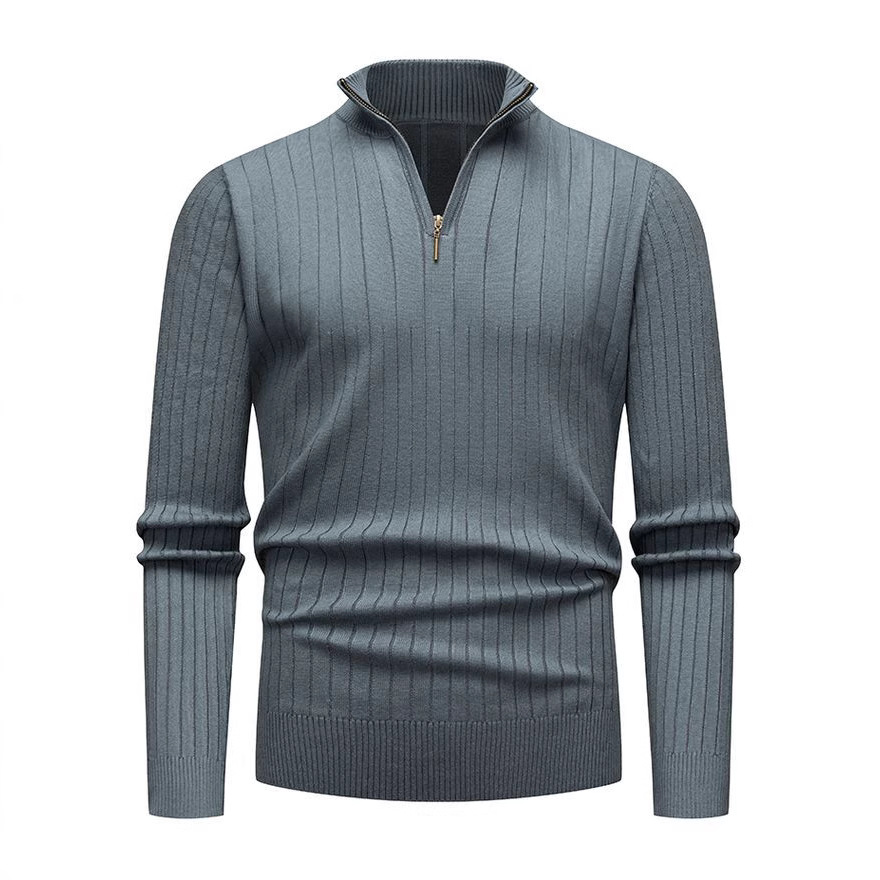 Suéter masculino primavera / otoño / invierno de manga larga cuello sólido hombre medio cremallera comercio exterior simple camisa de punto de color sólido casual