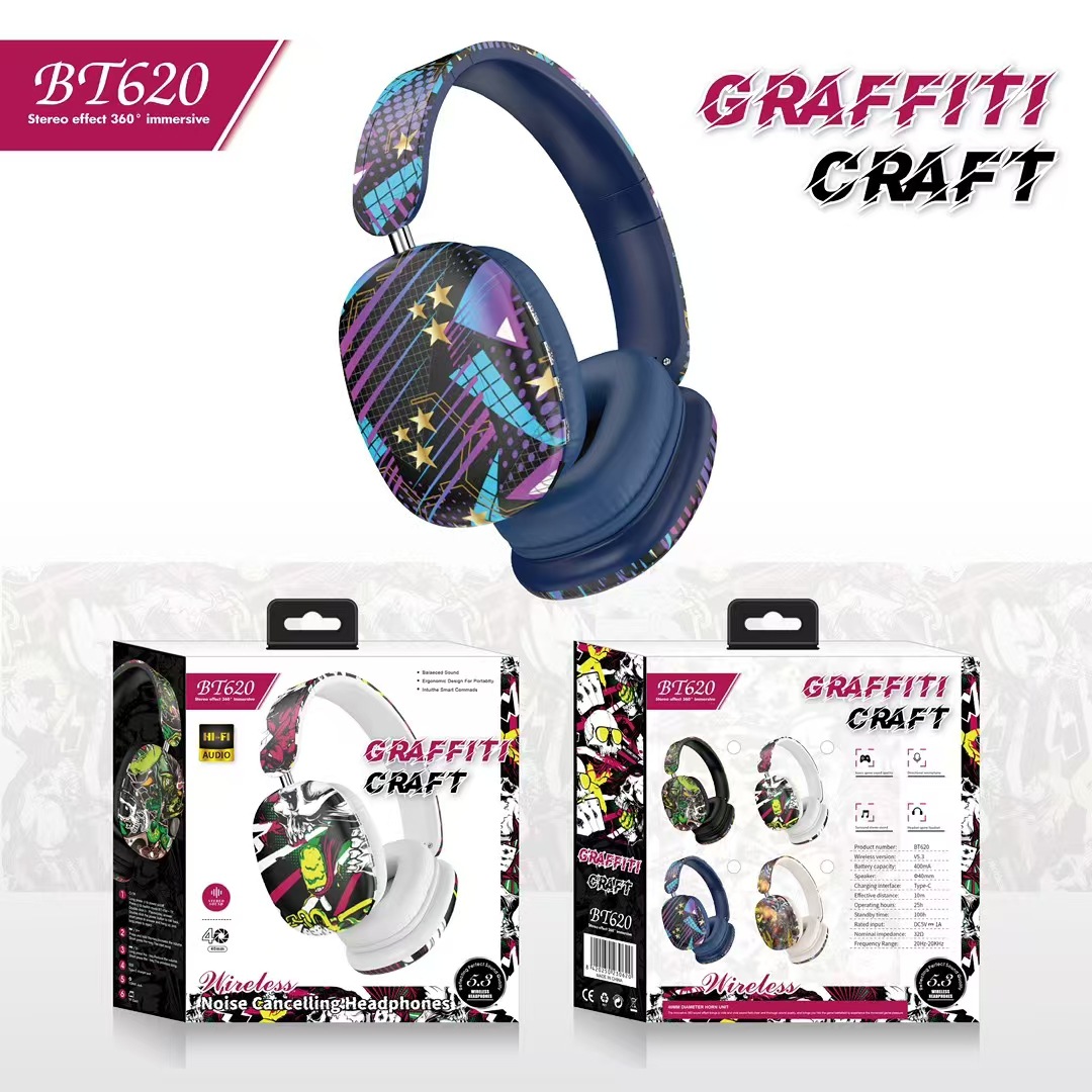 Comercio exterior transfronterizo BT620 graffiti auriculares Bluetooth 5.3 tarjeta retráctil plegable auriculares deportivos universales image 3