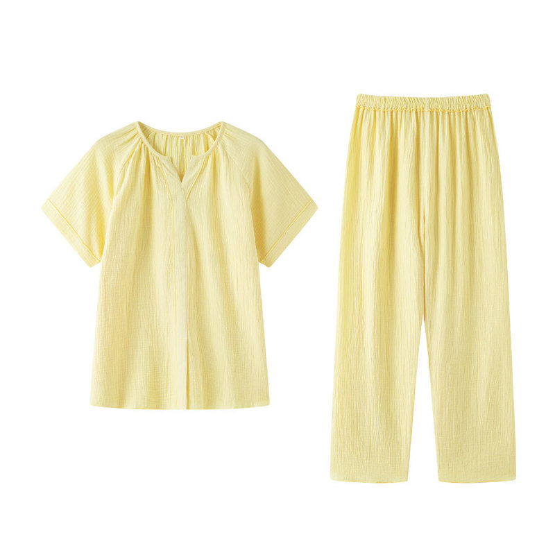 Women's Double-Layer Crepe Short-Sleeved Pants Pleated Gauze Pajamas Set Three-Quarter Sleeves Good Quality Cotton Era Spring and Summer Home Clothes