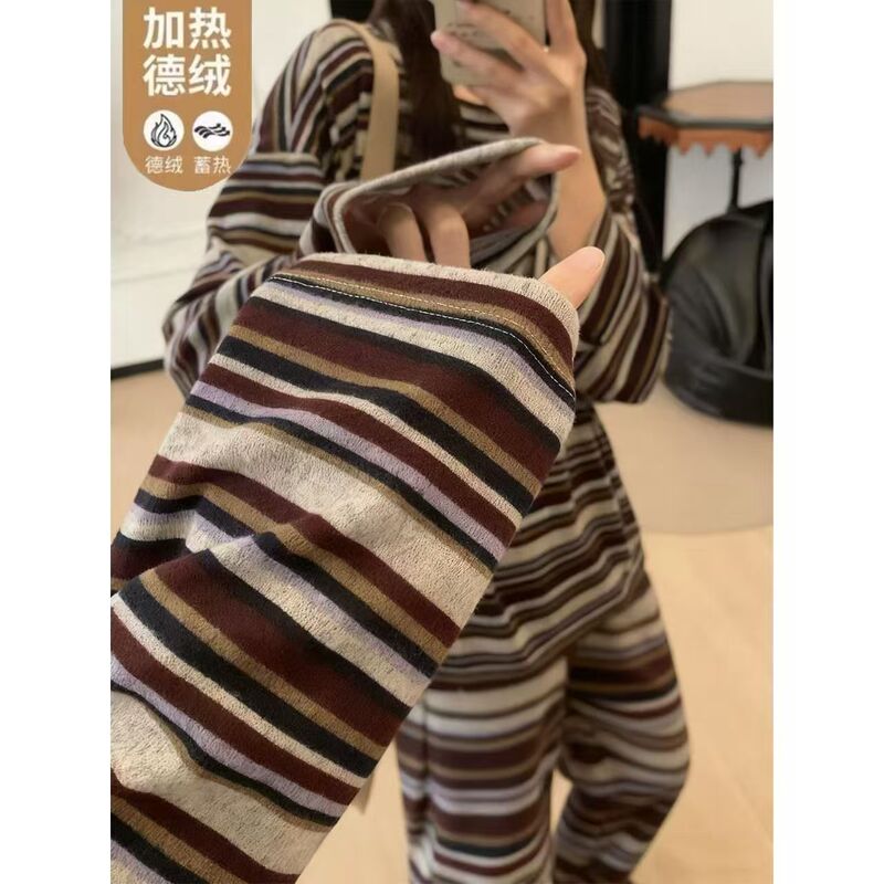 Live-Stream Popular Women's Autumn and Winter Thermal Pajamas, Warm Heated Round-Neck Striped Long-Sleeve Korean-Style Sweet Homewear Set Live-Stream Popular Women's Autumn and Winter Thermal Pajamas, Warm Heated Round-Neck Striped Long-Sleeve Korean-Style Sweet Homewear Set