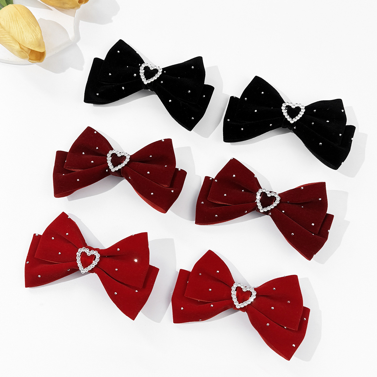 Rhinestones Inlay Material Velvet Hair Clip With Rhinestone Heart Bowknot Girl Side Bangs Clip Lady Hair Accessories Princess