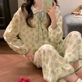 复古温柔嫩芽黄甜美可爱小碎花娃娃领家居服秋季新款长袖睡衣套装