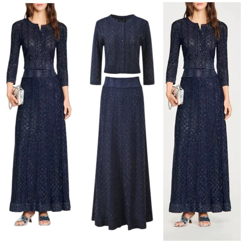 Long-Sleeved Dress Set, Shiny Silk Cardigan Top + Skirt Set, New European and American Style Elegant Women's Clothing Long-Sleeved Dress Set, Shiny Silk Cardigan Top + Skirt Set, New European and American Style Elegant Women's Clothing
