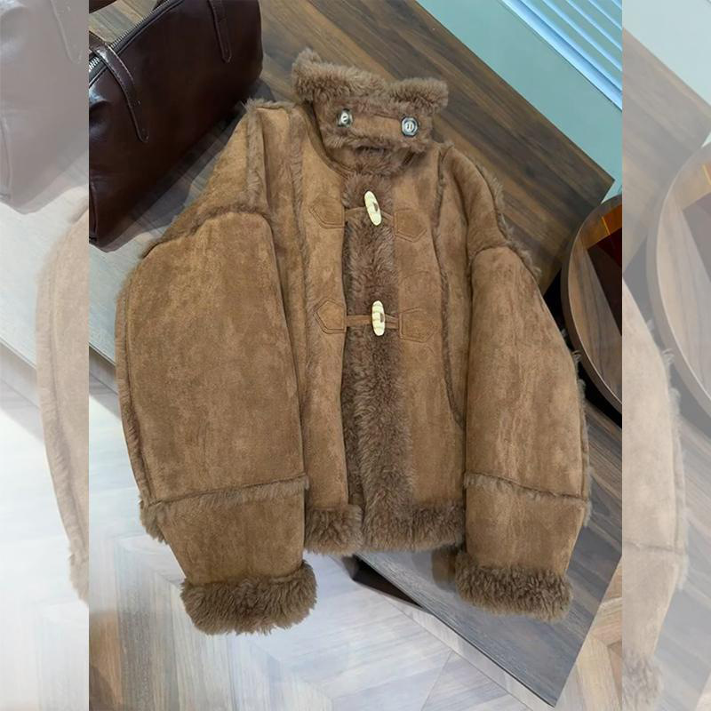 Plus Size New Brown Stand Collar Biker Leather Fur Long Sleeve Integrated Lamb Wool Plush Coat for Women Winter Thickened