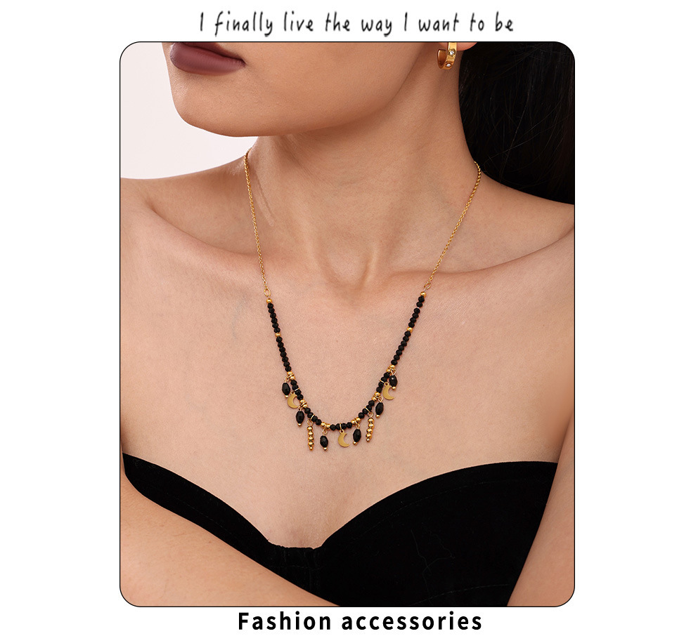 Sugar Cube Retro Temperament Black Crystal Moon Tassel Pendant Clavicle Necklace Stainless Steel Dark Queen Jewelry_voghion.com