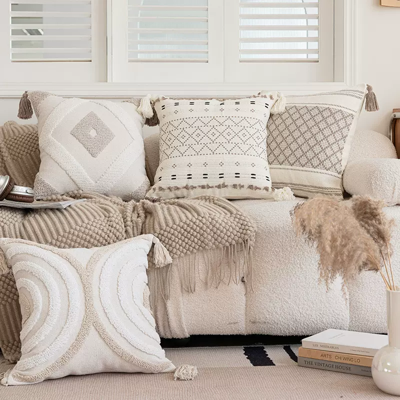 北欧风毛绒抱枕套家用沙发带流苏靠垫套 小方格簇绒抱枕套抱枕芯