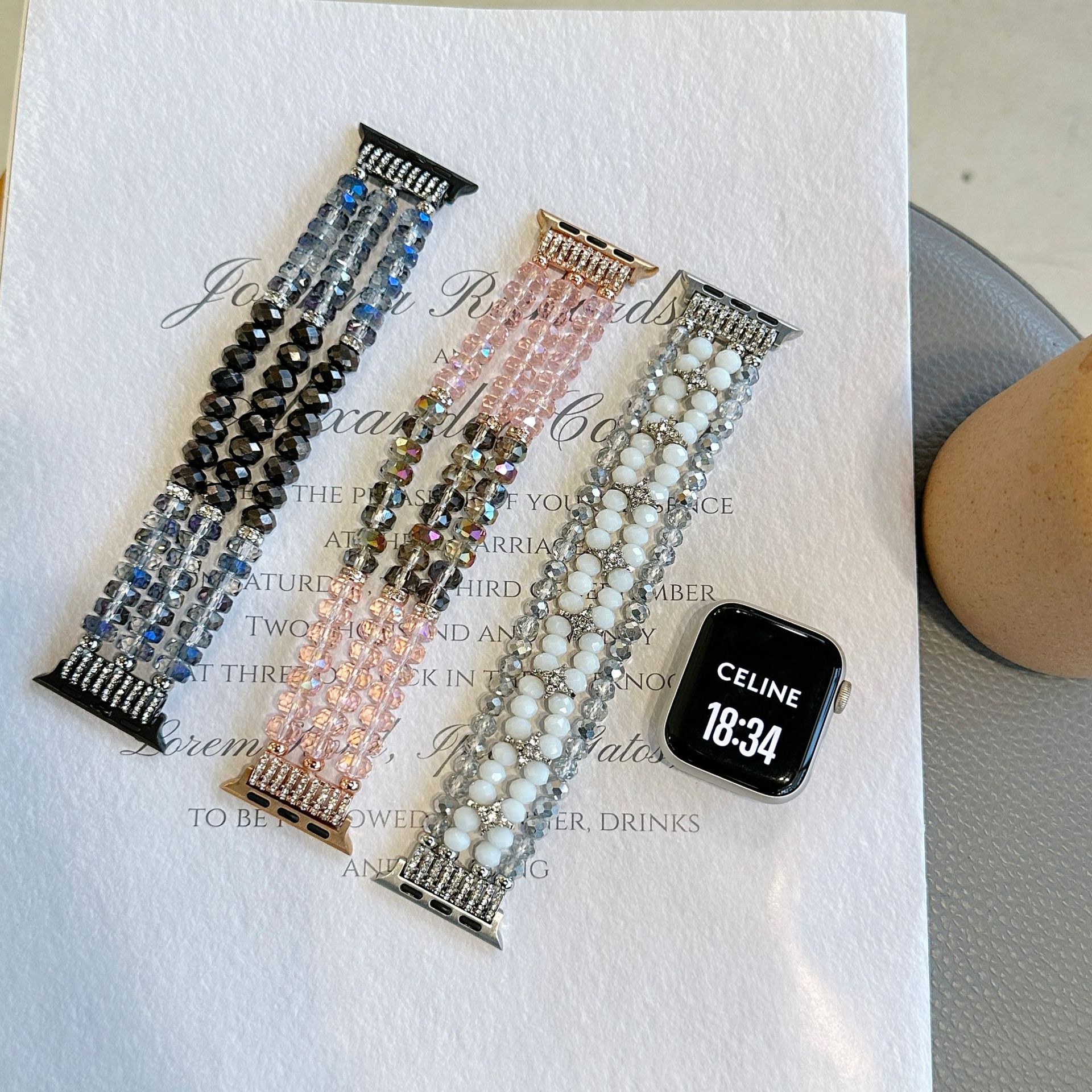 New Wheel Bead Crystal Watch Strap Suitable for Apple S10 Fashion Watch Chain iWatch Handmade Beaded Bracelet