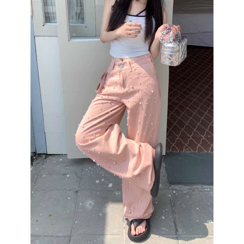 Реже цена!!! Американский ретро жемчуг с бисером джинсы женская стирка розовые швабры брюки прямые брюки