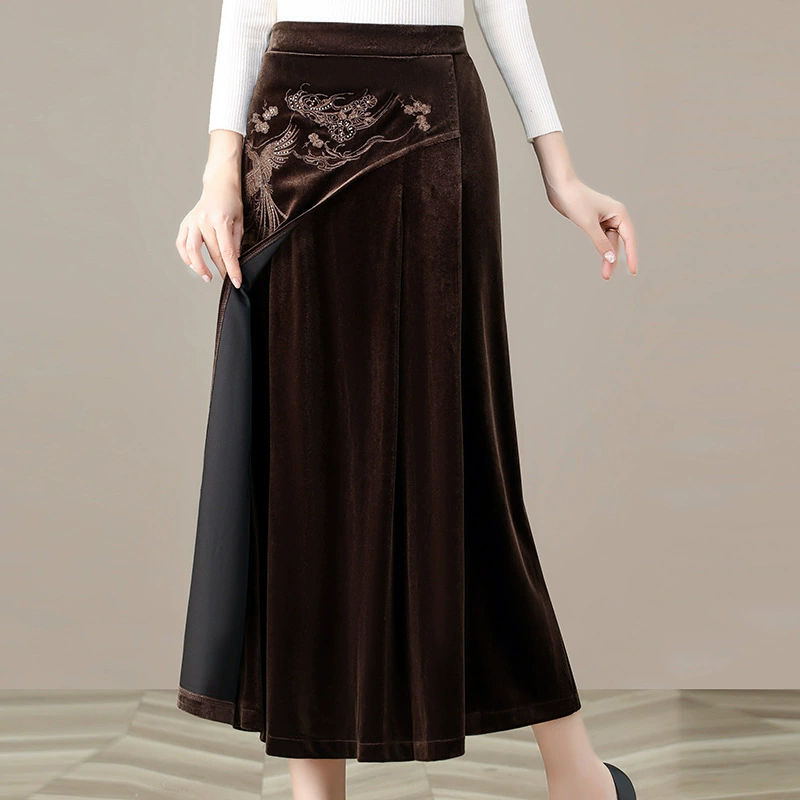 Ретро Юбка Темперамент мама платье среднего возраста высокого качества золотая бархатная вышивка юбка юбка эластичный юбка для оптовых продаж