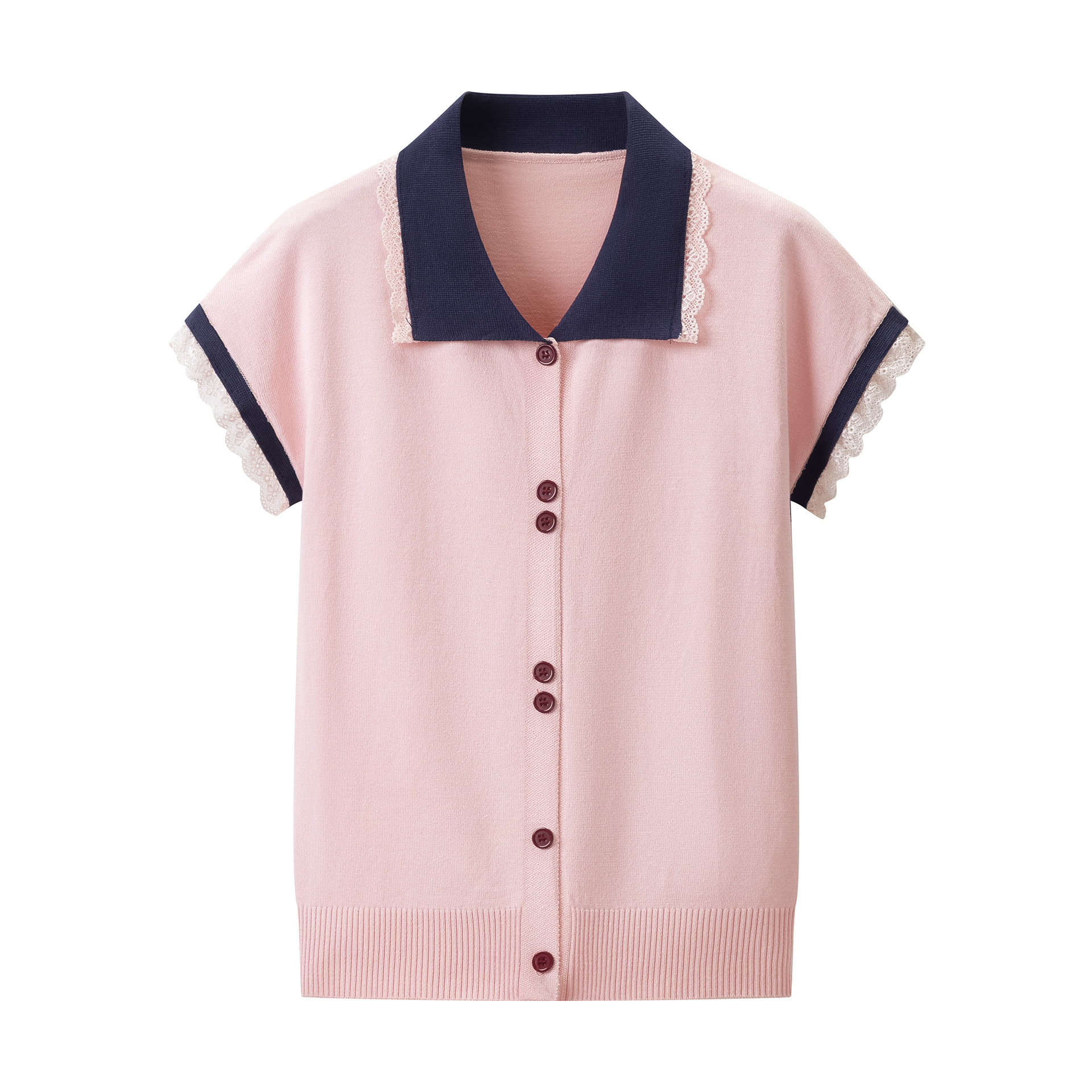 00Hm-3332 Pink Poio Collar Buttoned Lace Knitted Short-Sleeved 2026 Summer New Style Gentle Style Contrasting Color T-Shirt