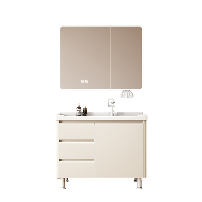 Creamy viento piso panal de abeja gabinete de baño combinación de puerta de acero inoxidable lavabo con tabla de fricción lavabo cerámica integral