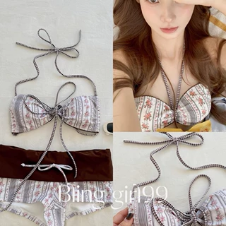 【提拉米苏】复古印花V领无钢圈小胸聚拢感舒适性感纯欲泳衣女