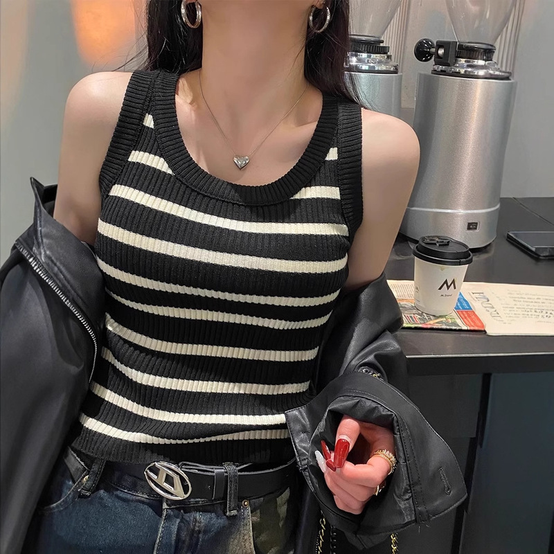 条纹背心女内搭2025新款遮副乳打底针织上衣夏外穿法式无袖小吊带|undefined