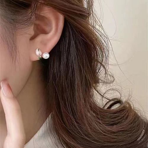 S925 Silver Needle Pink Tulip Pearl Retro Earrings Simple and Sweet Design High-End Versatile Jewelry