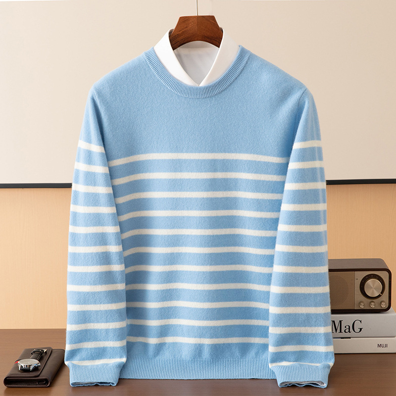 2025 Autumn/Winter New Men's Wool Sweater Navy Style Striped Round Neck Color Matching Pullover Long Sleeve Sweater Factory Wholesale
