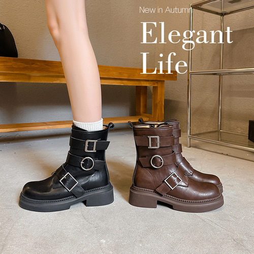 Martin boots, women's genuine leather, autumn and winter, new belt buckle, platform sole, motorcycle knight boots, retro British style short boots