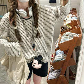 韩系松弛慵懒条纹防晒t恤女长袖薄上衣秋季宽松空调罩衫秋季外穿