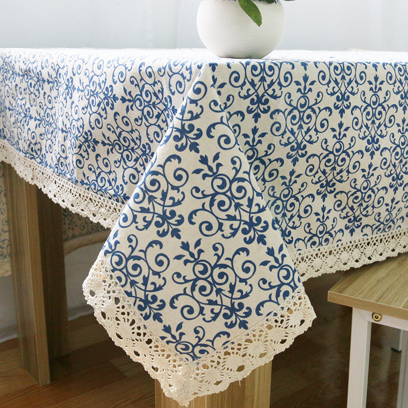 Blue and White Porcelain Tablecloth Chinese-style Cotton and Linen Tablecloth Lace Tablecloth High-face Value Household Round Tablecloth Afternoon Tea Tablecloth