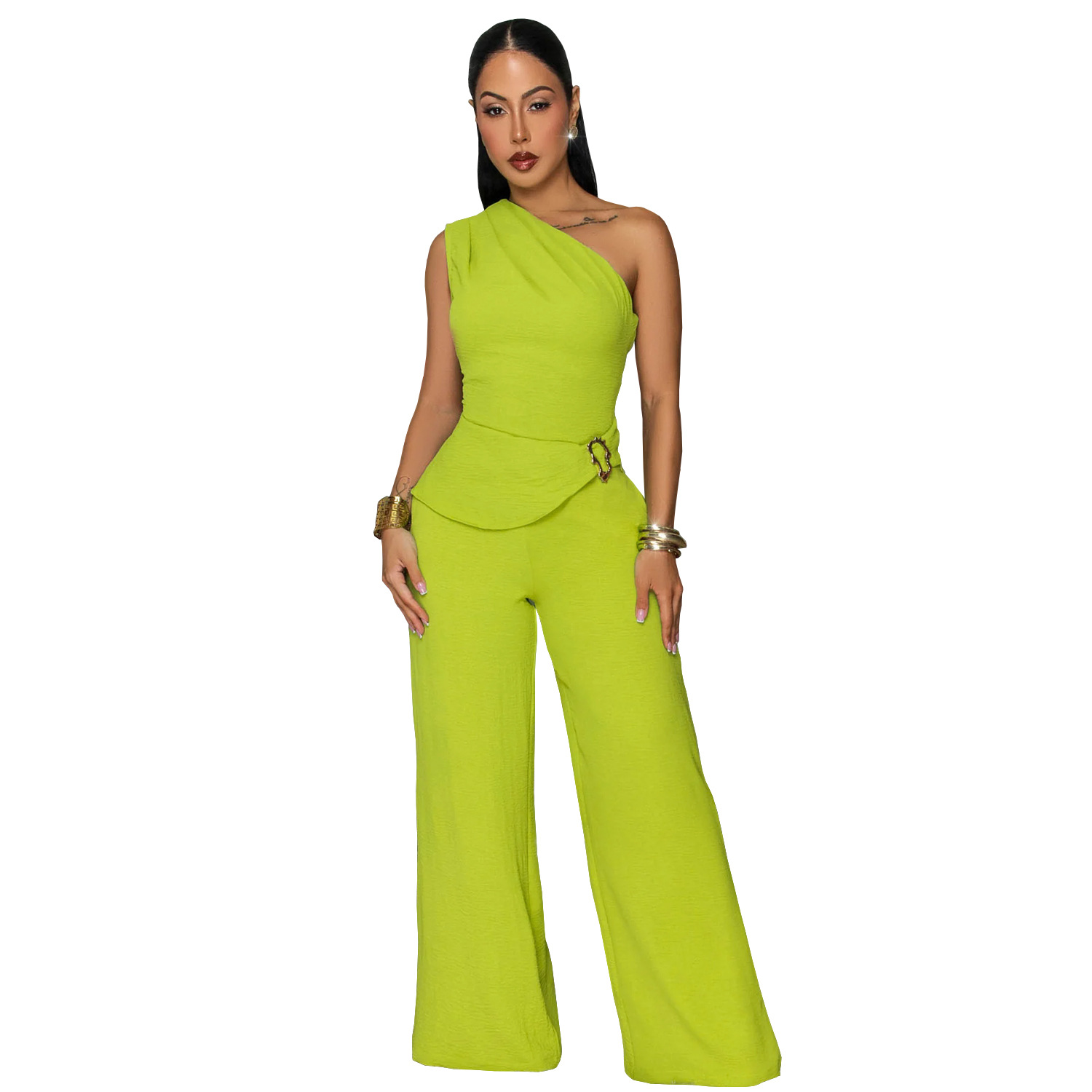 C7736 Aliexpress transfronterizo Amazon 2026 nueva ropa de mujer casuales de color sólido blusa de hombro inclinada pantalones largos dos piezas