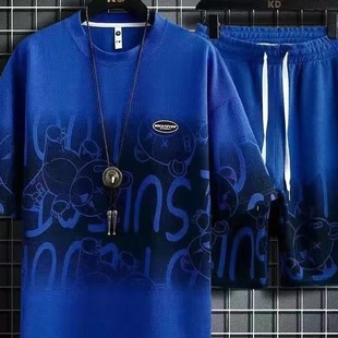 Waffles Sports Casual suit Men's Summer Thin Ice Silk Short-sleeved Shorts Two-piece Set Men's Short-sleeved T-shirt
