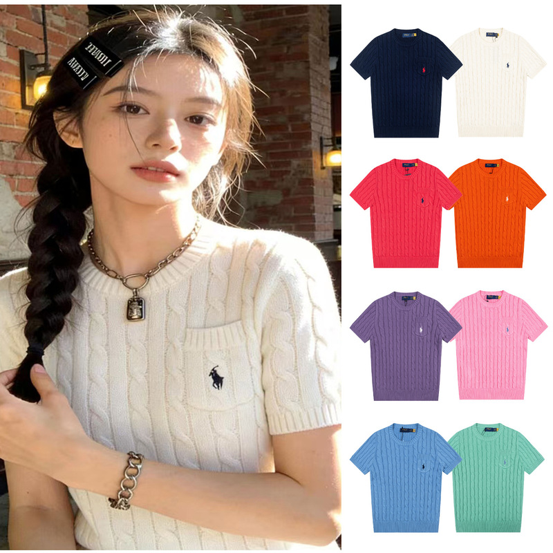 Rl Knitted Short-Sleeve Summer Top with Small Pockets, Pony Embroidery, and Slimming Cable Knit Design for Women Rl Knitted Short-Sleeve Summer Top with Small Pockets, Pony Embroidery, and Slimming Cable Knit Design for Women