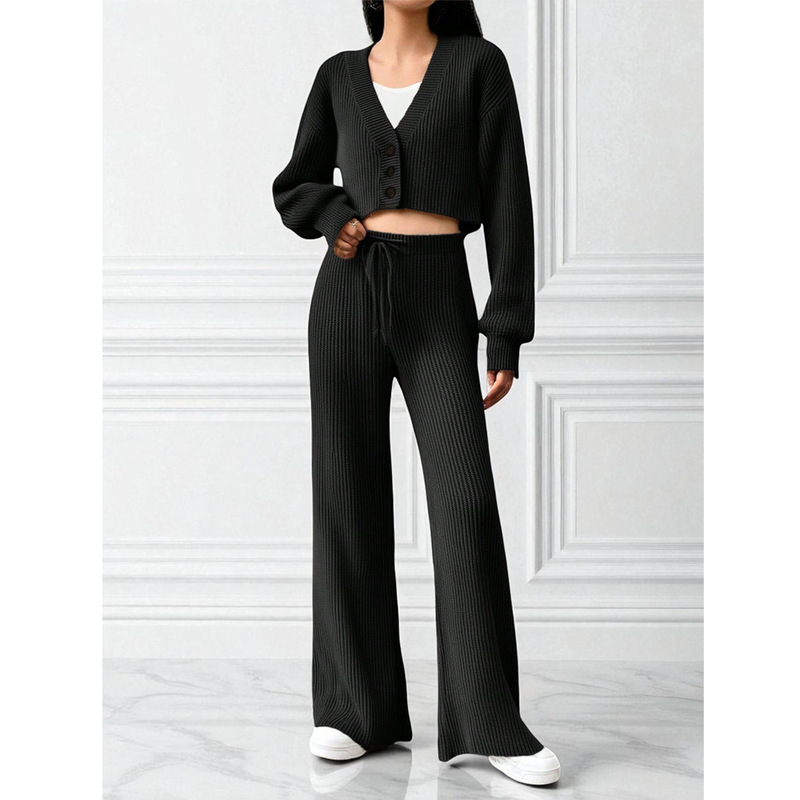New Cross-Border Women's Clothing 2025 Autumn and Winter Knitted Cardigan High-Waisted Wide-Leg Pants Two-Piece Set with Elegant Casual Suit