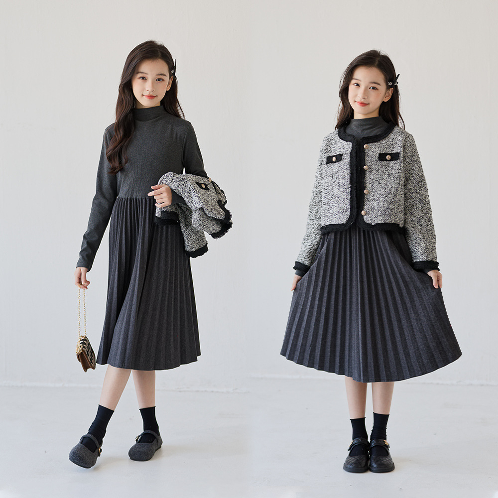 2026 Stylish Little Girl's Two-Piece Set: Jacket and Dress, Autumn Style, High-Neck Pleated Mid-Length Dress Set