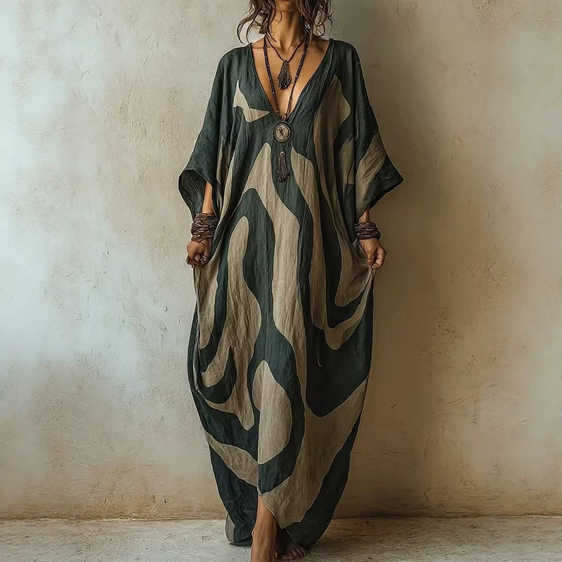 2026 Summer New Ethnic Style V-Neck Printed Loose Plus-Size Long Dress Women's Vacation Beach Cover-Up Robe 2026 Summer New Ethnic Style V-Neck Printed Loose Plus-Size Long Dress Women's Vacation Beach Cover-Up Robe