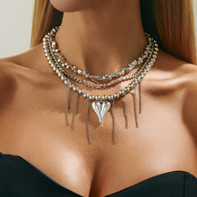 时尚个性小众百搭串珠流苏爱心吊坠女锁骨链欧美跨境外贸新款项饰