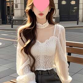 辣妹性感锁骨蕾丝上衣领喇叭春秋新款纯欲长袖修身显瘦短款上衣