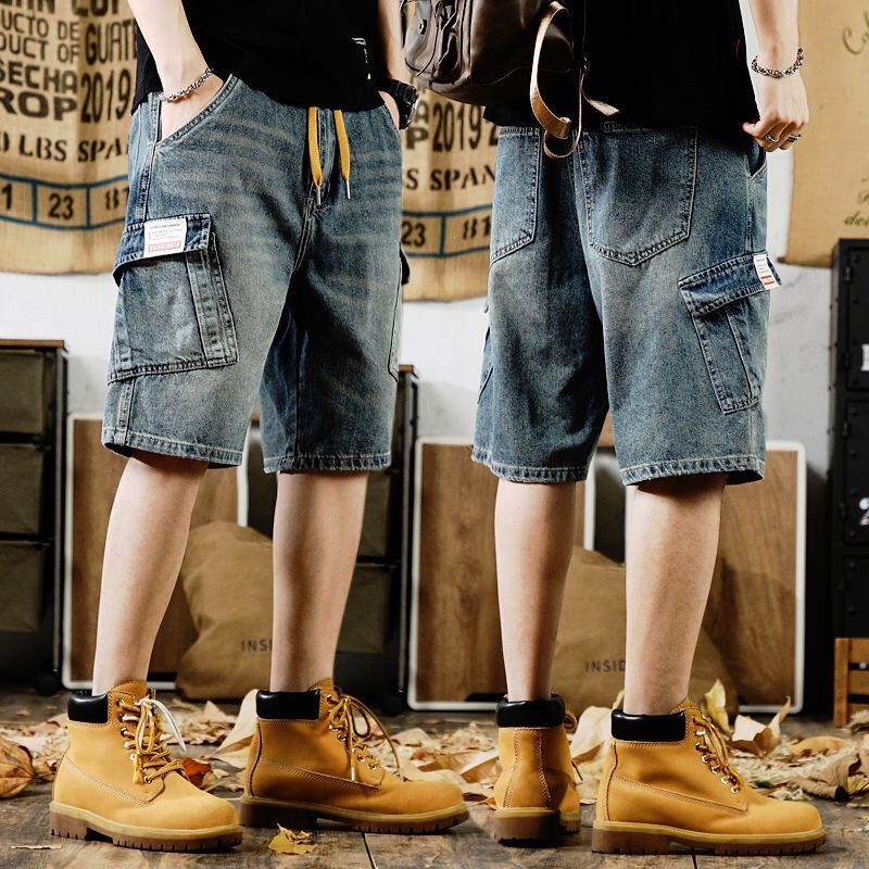 American Retro Casual Five-Point Workwear Denim Shorts for Men, Summer Thin Multi-Pocket Breeches, Loose Straight Pants