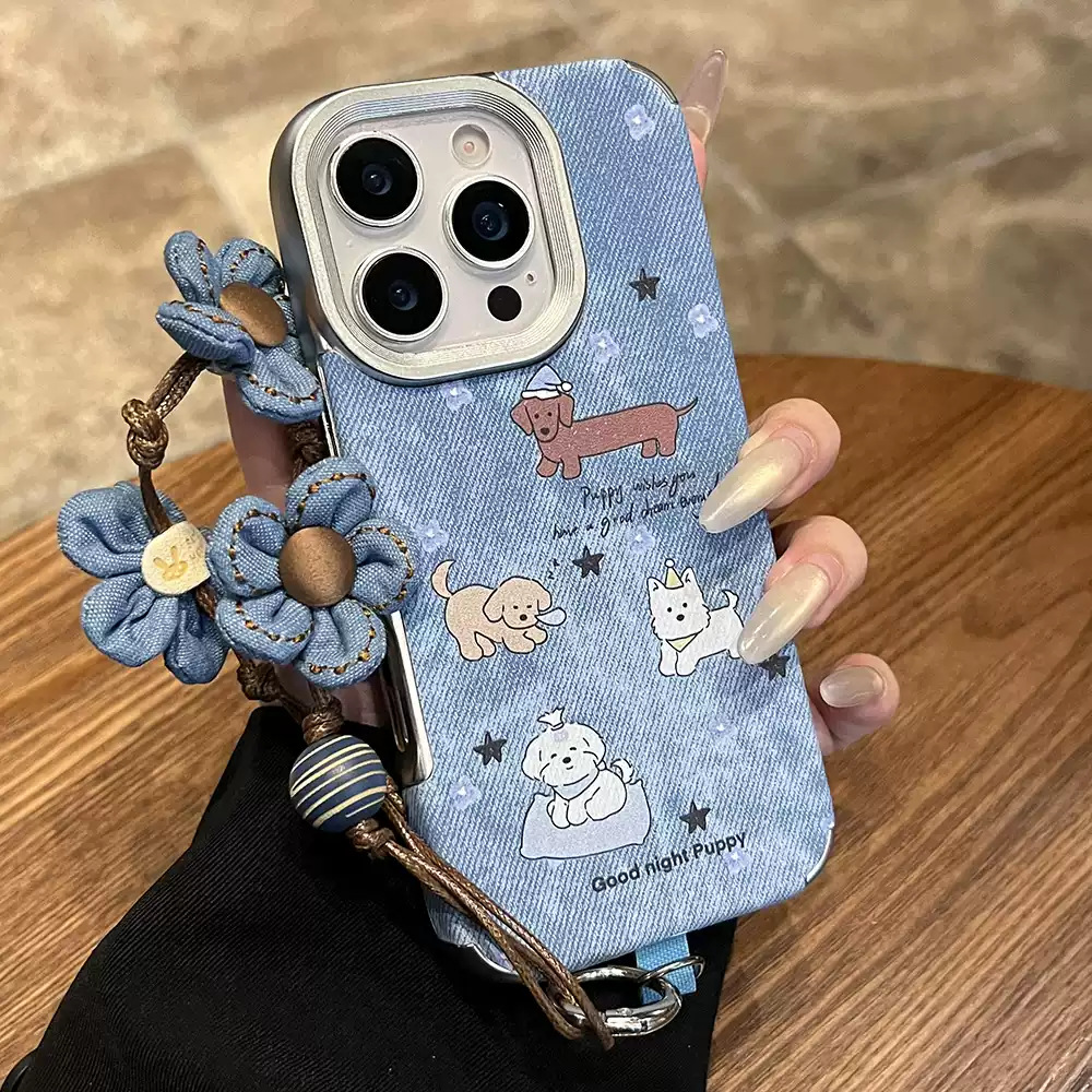 Cute Denim Leather Puppy Suitable for Apple 17Pro Mobile Phone Case Electroplated Iphone17/16 Hand Strap 15 New Style