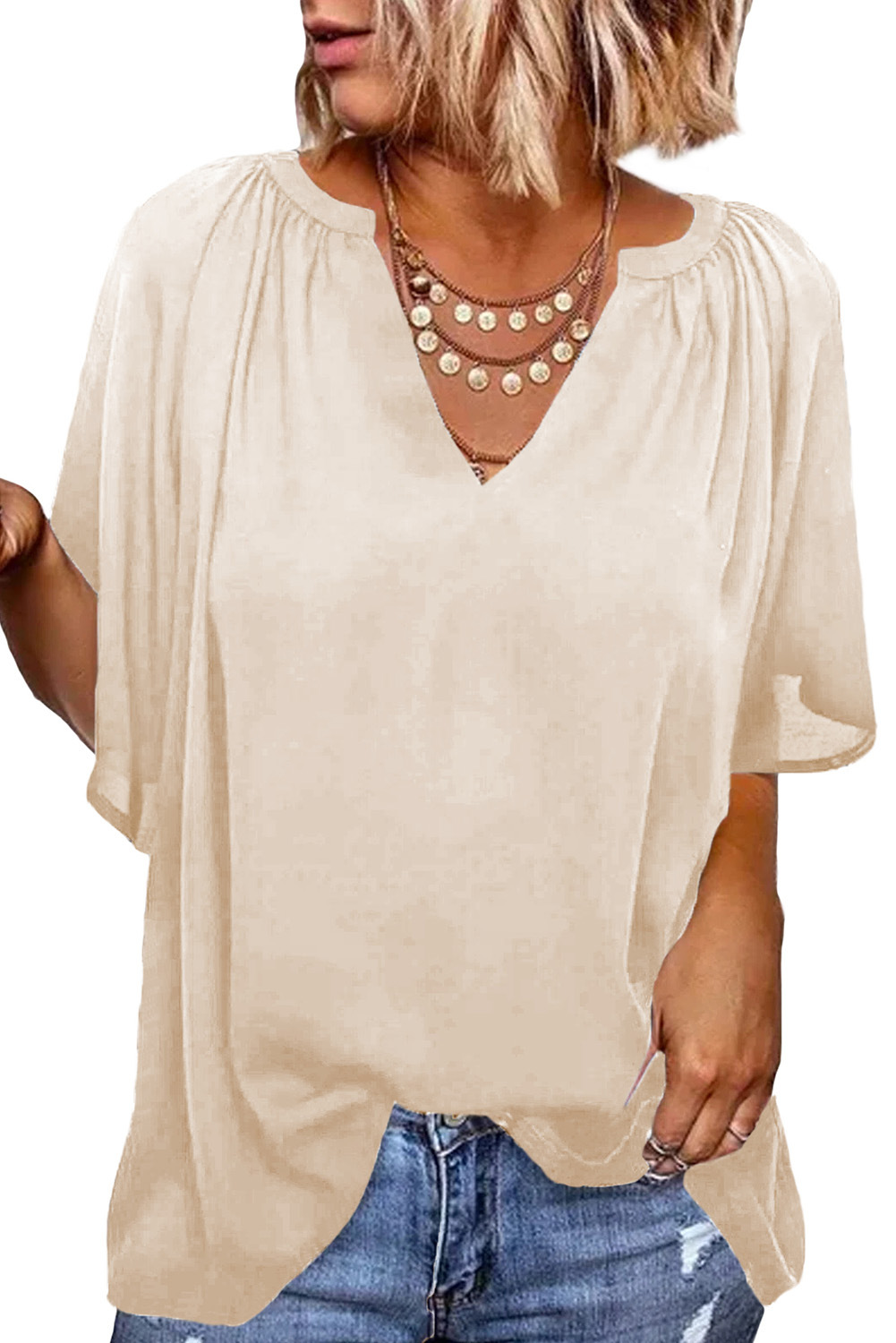 Women's V-neck T-shirt Loose Quarter Sleeve Summer Pullover Top_voghion.com