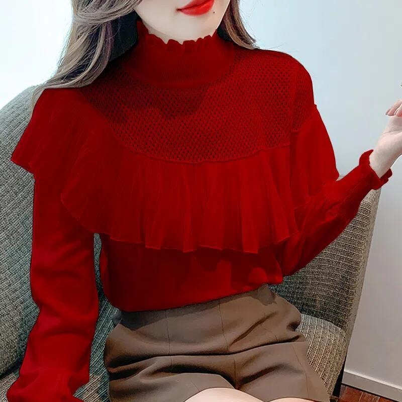 Half Turtleneck Sweater Loose Slimming Look Lace Splicing Knitted Bottoming Shirt 2025 Autumn and Winter New Age-Reducing Top Women's Fashion