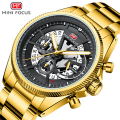 MINI FOCUS Watch Hollow Mechanical Style Men's Multi-functional Waterproof Quartz Watch Steel Strap Men's Watch 0490G