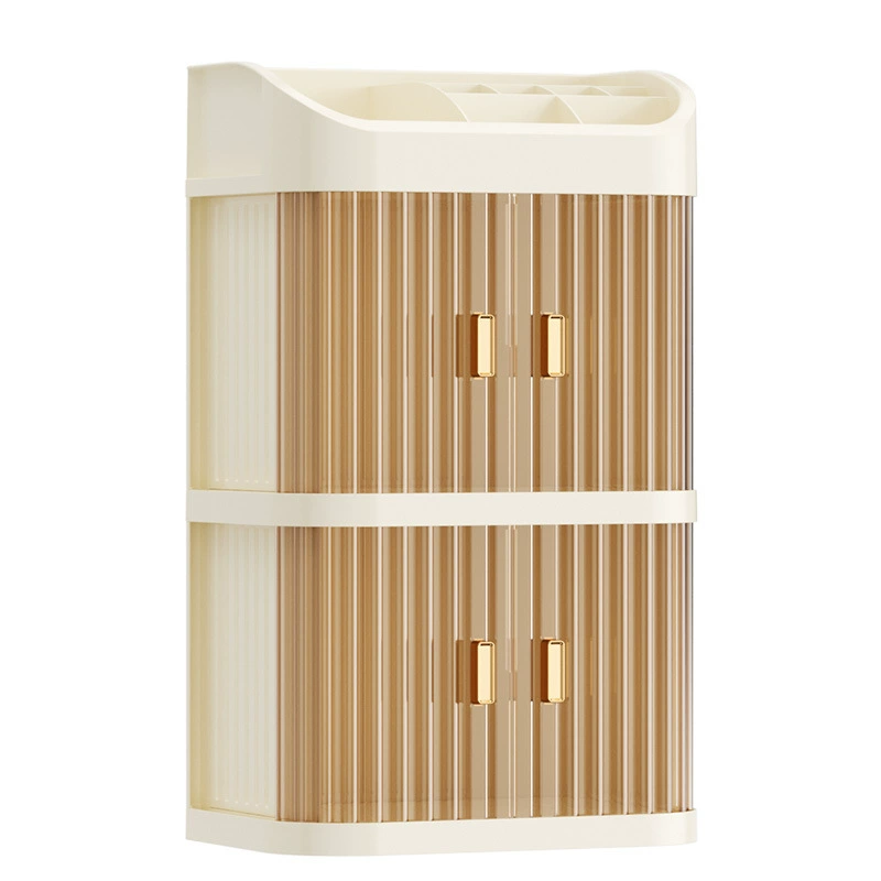 Table storage box, plastic multilayer tabletop organizer, transparent door, double or three‑layer