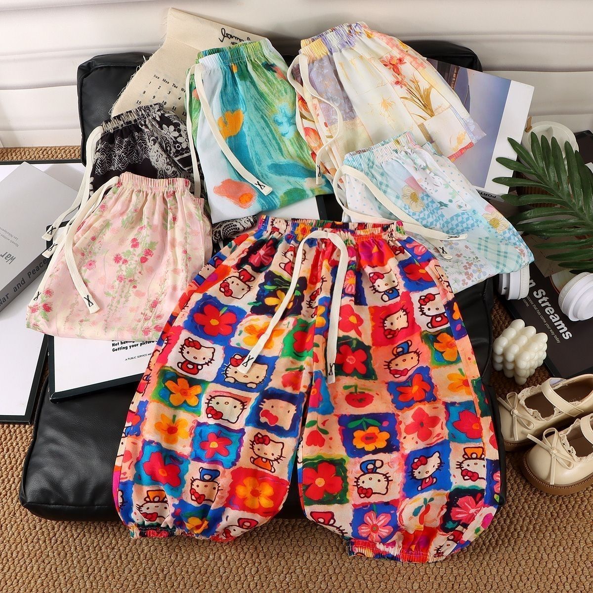 Girls' summer casual pants, stylish children's trendy brand, pastoral floral print, anti-mosquito, drawstring lantern pants