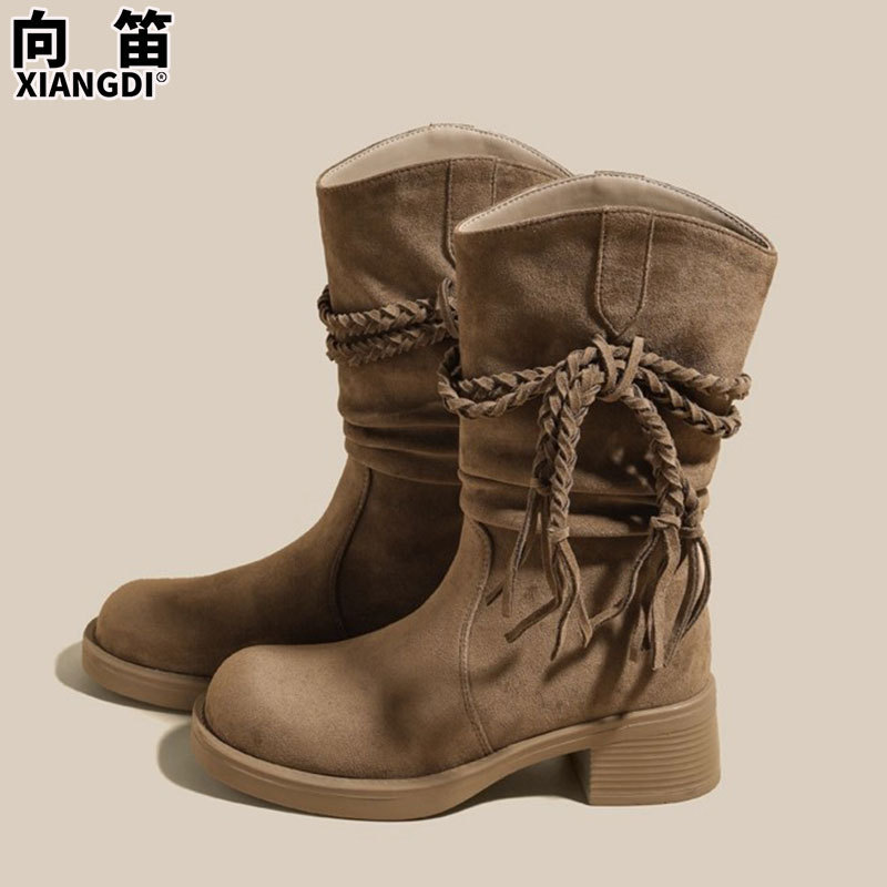 羊皮版复古流苏粗跟骑士靴女废土风西部牛仔靴不过膝长靴瘦瘦靴子|undefined