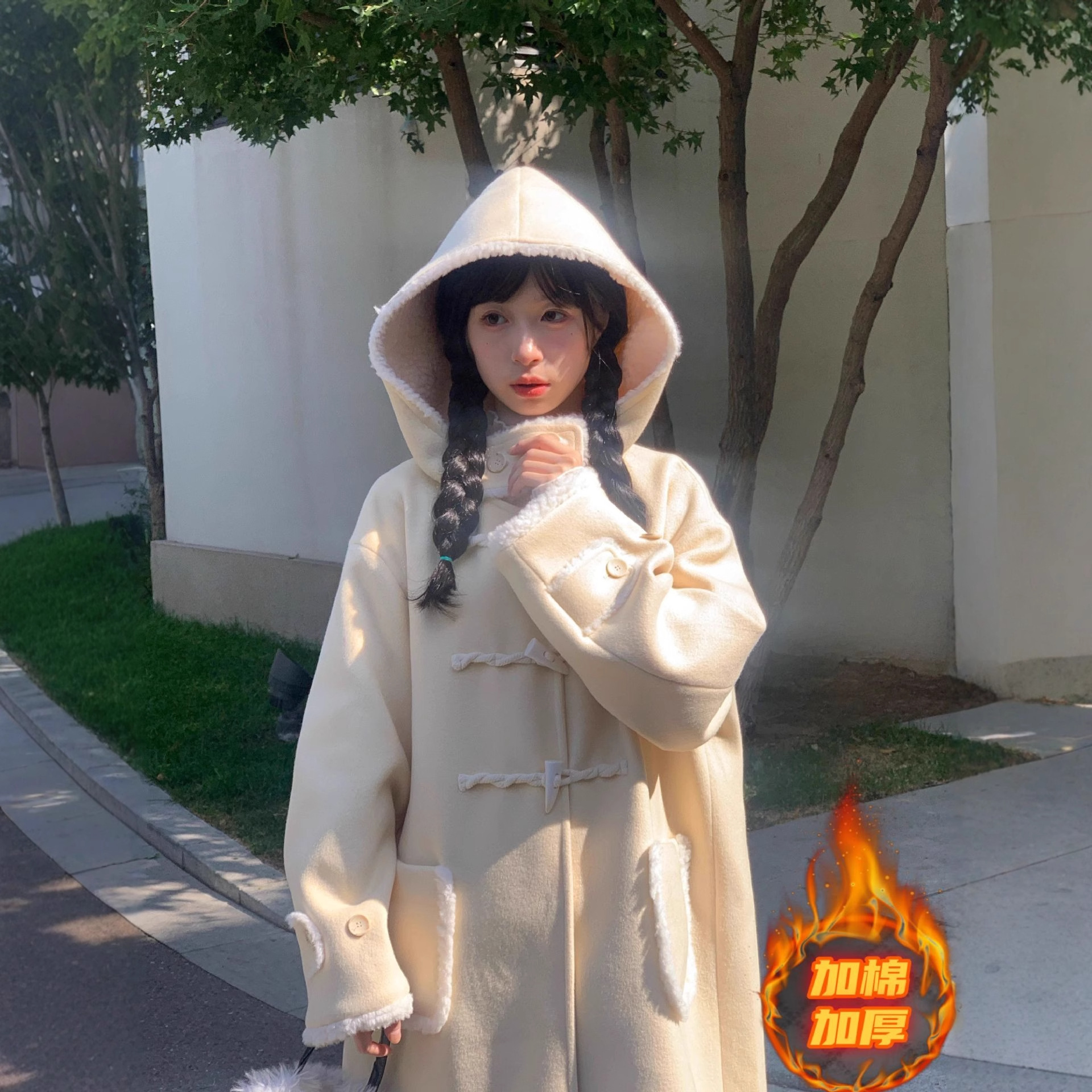 黄色牛角冬季呢子大衣连帽新款羊羔小个子毛呢外套夹棉大衣中长款