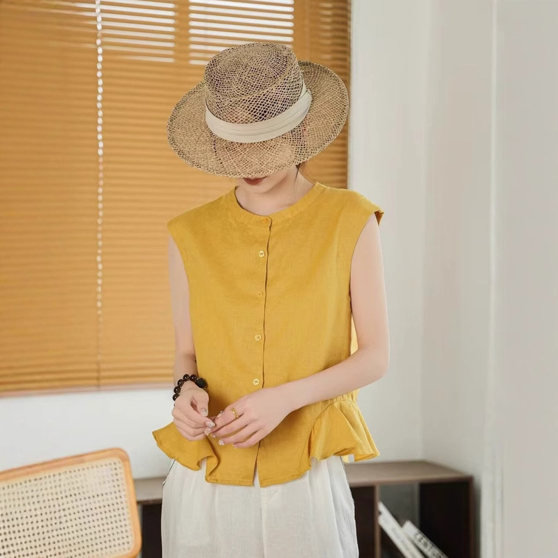 Linen Sleeveless Shirt 2026 Summer New Style Ruffled Design Top for Women Stylish Round Neck Blouse 86121