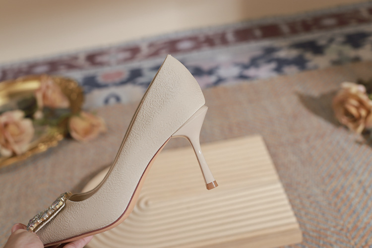 Stiletto Pumps For Women Crystal Square Button Soft Leather Heels_voghion.com