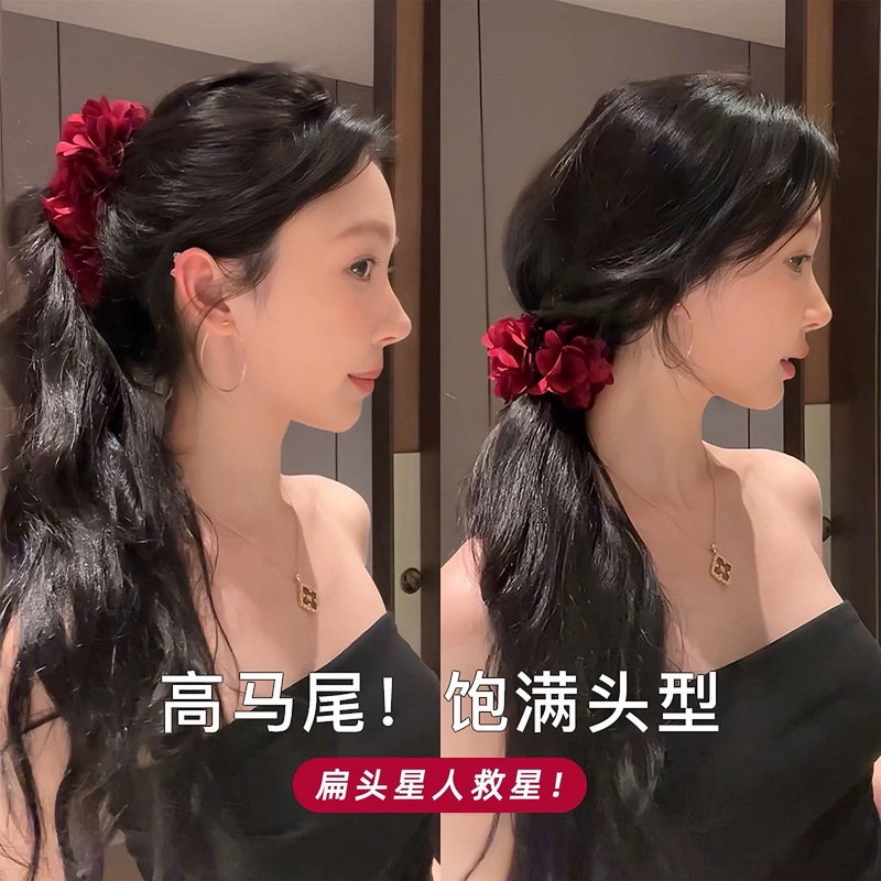 易梦玲同款红色花朵香蕉夹女高级感半扎发鲨鱼夹大号发夹头饰发卡|undefined